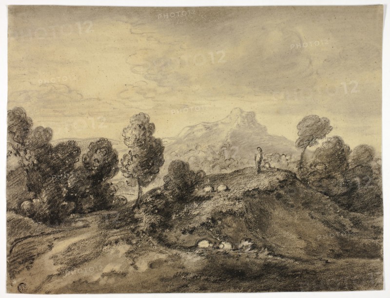 Hilly Landscape with Shepherd and Flock, n.d., Follower of Thomas Gainsborough, English, 1727-1788, England, Charcoal with stumping on tan wove paper, 281 × 371 mm