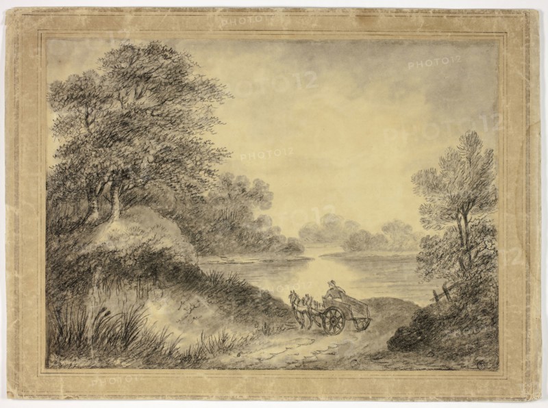 Man in Horse-Drawn Cart Beside Lake, n.d., Follower of Thomas Gainsborough, English, 1727-1788, England, Charcoal with stumping on tan wove paper, laid down on tan laid paper, 331 × 454 mm