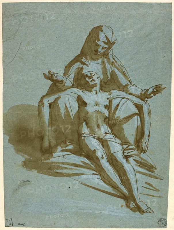 Pietà, n.d., Attributed to Luca Cambiaso, Italian, 1527-1585, Italy, Pen and brown ink with brush and brown wash, heightened with lead white, on blue wove paper, laid down on ivory wove paper, 258 x 195 mm (max.)