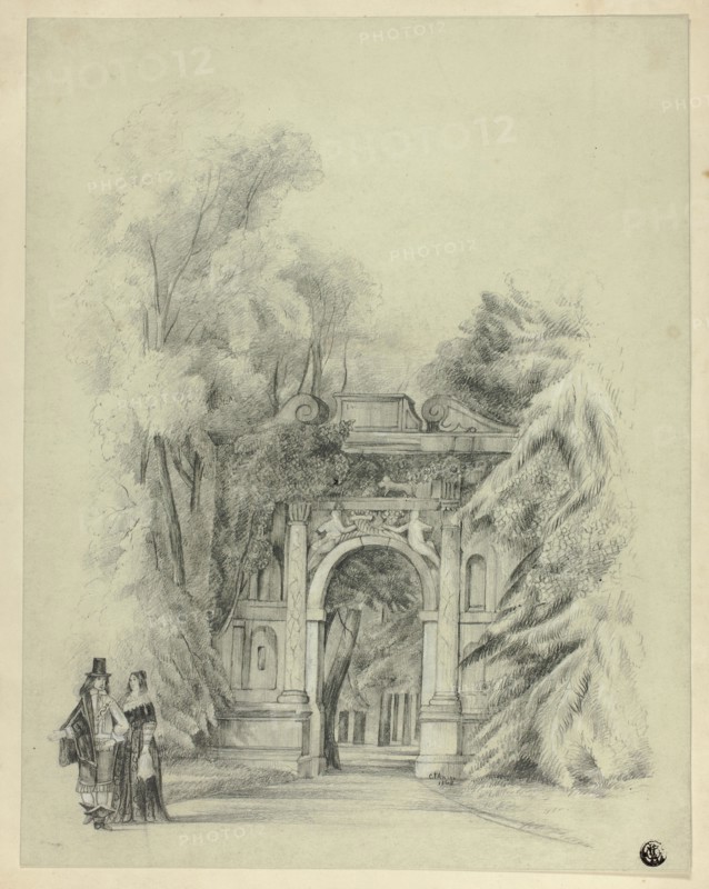Couple in 17th Century Dress Standing Before Entrance to Park, 1864, Charles de Anson, British, 19th century, United Kingdom, Graphite, heightened with white gouache, on pale green wove paper, laid down on cream wove card, 326 x 255 mm