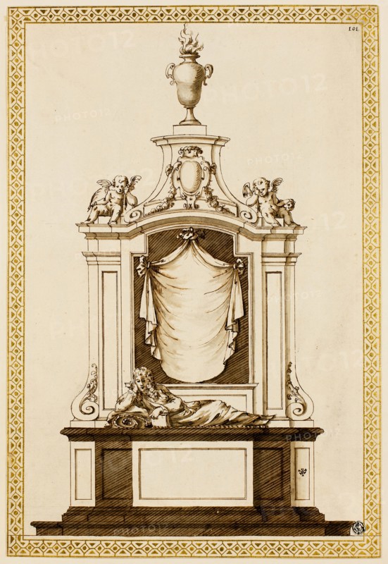 Project for a Monument, c. 1695, Edward Pierce, the younger (English, c. 1630-1695), or Inigo Jones (English, 1573-1652), England, Pen and brown ink, with brush and gray and brown  wash, over traces of graphite, with gold paint in borders on ivory laid paper, 396 × 269 mm