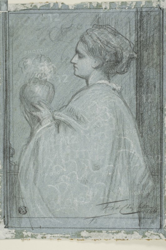 Lady with Vase, 1865, Baron Frederic Leighton, English, 1830-1896, England, Black and white pastel on blue wove paper, 254 × 192 mm