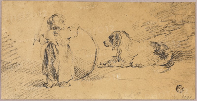 Child Playing with Ball and Dog, 1791, George Morland, English, 1763-1804, England, Black crayon on brown wove paper, 121 × 237 mm