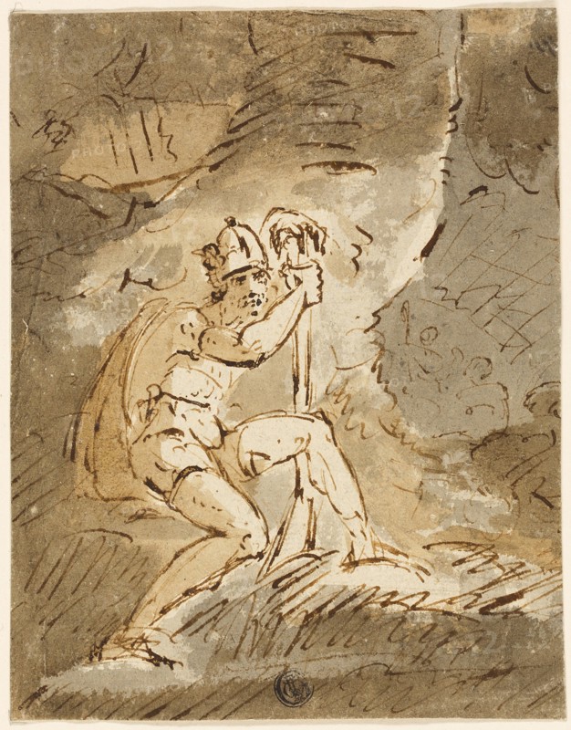 Helmeted Warrior, n.d., John Hamilton Mortimer (English, 1740-1779), or Robert Ker Porter (English, 1777-1842), or John James Stewart (English, 1779-1849), England, Pen and brown ink, with brush and brown and gray wash, on gray laid paper, 186 × 145 mm