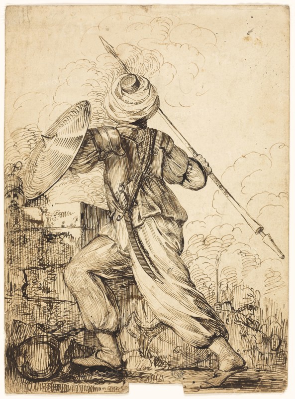 A Turkish Soldier, n.d., Attributed to James Durno (English, c. 1745-1795), or John Hamilton Mortimer (English, 1740-1779), England, Pen and brown ink on cream wove paper, 293 × 215 mm