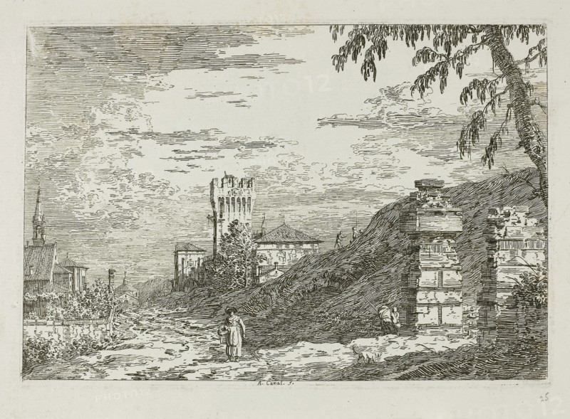 Landscape with Tower and Two Ruined Pillars, from Vedute, 1735/44, Canaletto, Italian, 1697-1768, Italy, Etching in black on ivory laid paper, 142 x 209 mm (image), 146 x 212 mm (plate), 431 x 587 mm (sheet)