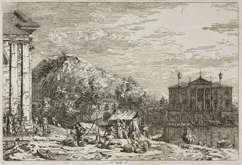 The Market at Dolo, from Vedute, 1735/44, Canaletto, Italian, 1697-1768, Italy, Etching in black on ivory laid paper, 140 x 209 mm (image), 146 x 212 mm (plate), 435 x 583 mm (sheet)
