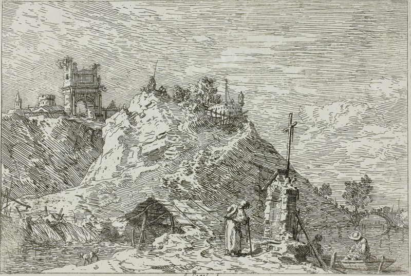 Landscape with the Pilgrim at Prayer, from Vedute, 1735/44, Canaletto, Italian, 1697-1768, Italy, Etching in black on ivory laid paper, 140 x 209 mm (image), 145 x 212 mm (plate), 436 x 587 mm (sheet)