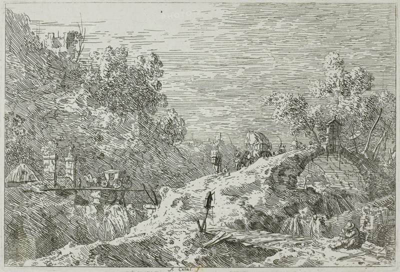 Mountain Landscape wih Five Bridges, from Vedute, 1735/44, Canaletto, Italian, 1697-1768, Italy, Etching in black on ivory laid paper, 142 x 211 mm (image), 143 x 212 mm (plate), 436 x 587 mm (sheet)