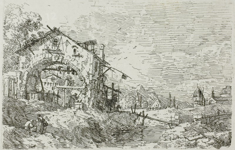 Landscape with a Woman at a Well, from Vedute, 1735/44, Canaletto, Italian, 1697-1768, Italy, Etching in black on ivory laid paper, 132 x 207 mm (image), 136 x 209 mm (plate), 436 x 587 mm (sheet)