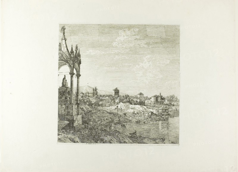 View of a Town with a Bishop’s Tomb, from Vedute, 1735/44, Canaletto, Italian, 1697-1768, Italy, Etching in black on ivory laid paper, 296 x 302 mm (image), 303 x 307 mm (plate), 433 x 587 mm (sheet)