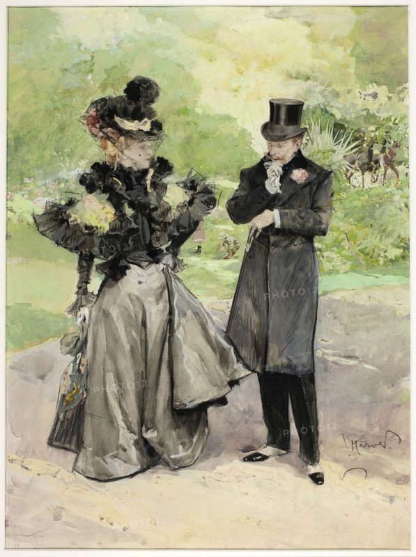 A Man and a Woman in a Park, n.d., Ludek Marold, Czech, 1865-1898, Czech Republic, Watercolor and gouache, with black crayon, graphite and traces of pen and brown ink, over touches of red chalk, on cream wove card, 489 × 372 mm