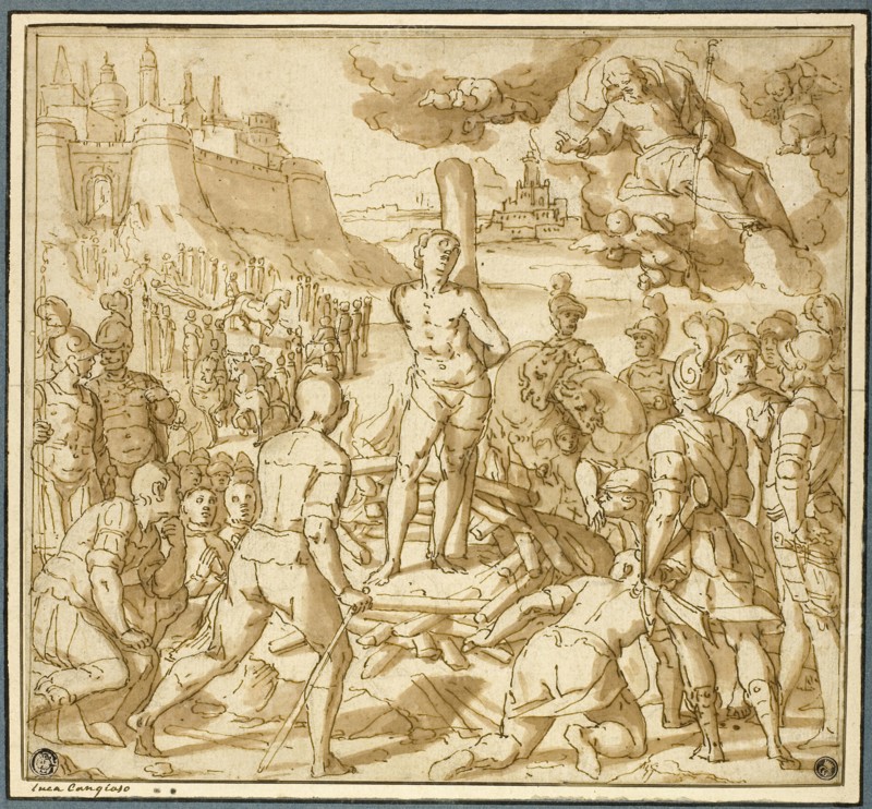 Study for Saint James Saving an Innocent from the Flames, 1600, Lazzaro Tavarone, Italian, 1556-1641, Italy, Pen and brown ink with brush and brown wash, over black chalk, on ivory laid paper, laid down on ivory laid card, 270 x 295 mm (max.)