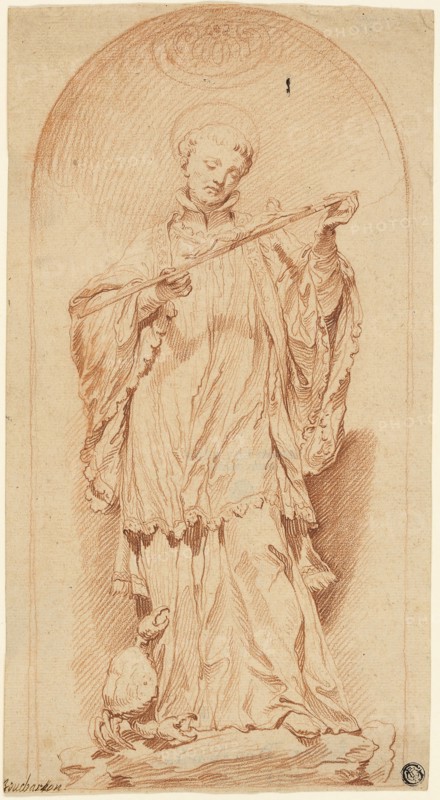 Saint Francis Holding a Crucifix, n.d., Attributed to Edme Bouchardon (French, 1698-1762), after Pierre Legros II (French, 1666-1719), France, Red chalk on buff laid paper, 345 × 187 mm