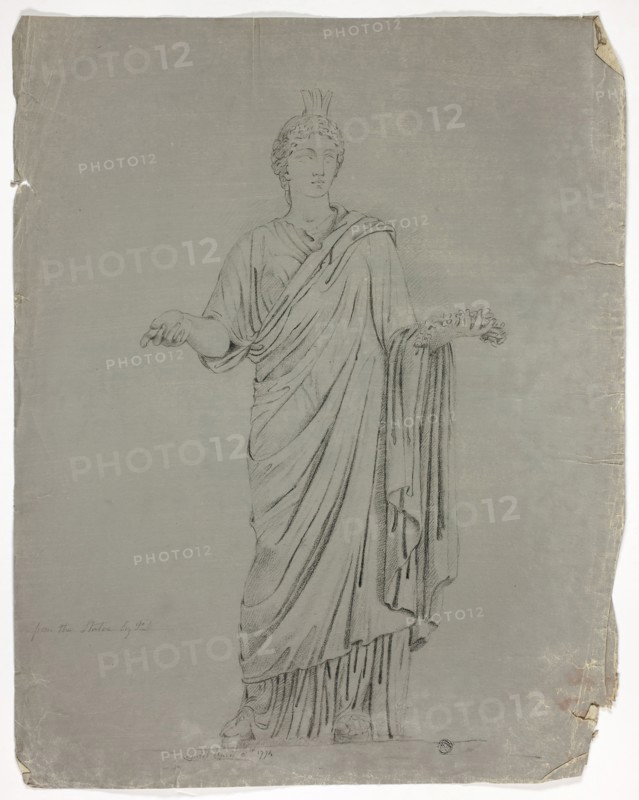 Antique Statue of Standing Goddess with Outstretched Arms, 1774, John Downman, English, 1750-1824, England, Black crayon on ivory laid paper prepared with a gray ground, 503 × 399 mm