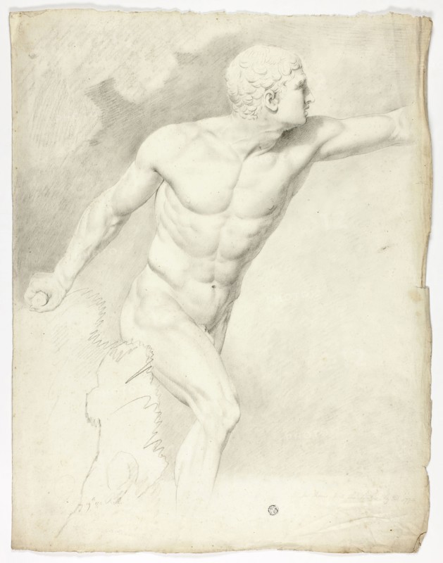 The Borghese Gladiator from the Statue in Rome, 1774, John Downman, English, 1750-1824, England, Charcoal with stumping and touches of black crayon on ivory laid paper, 503 × 388 mm
