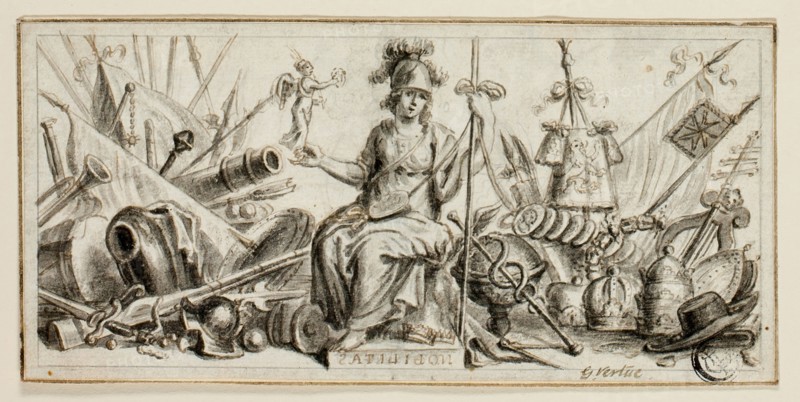 Nobilitas, n.d., George Vertue, English, 1684-1756, England, Pen and brown ink with brush and gray wash, on ivory laid paper, laid down on ivory laid paper, 70 × 148 mm