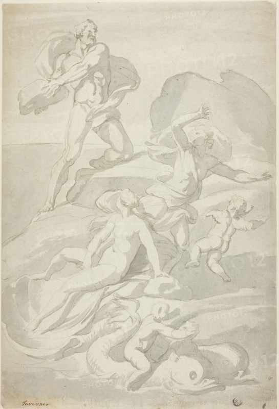 Polyphemus Throwing Boulder at Acis, with Galatea (recto), and Pholyphemus Lifting Boulder (verso), n.d., John William Taverner, English, 1703-1772, England, Black chalk, and brush and gray wash (recto), and black chalk, and brush and brown wash (verso), on ivory laid paper, 428 × 289 mm
