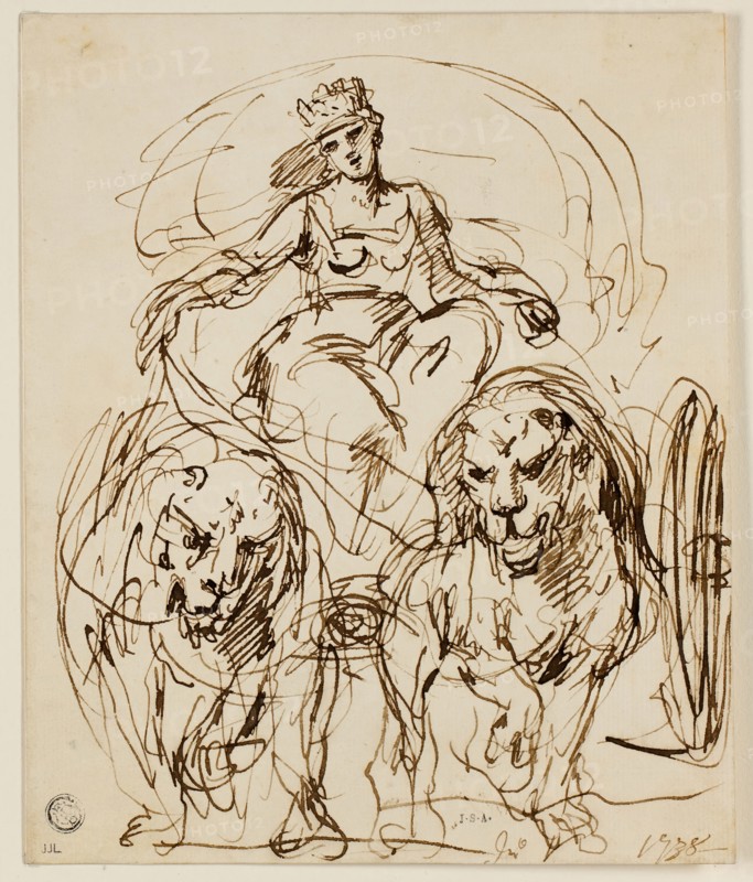 Cybele on Chariot Drawn by Lions, 1738, John Vanderbank, English, 1686-1739, England, Pen and brown ink, on cream laid paper, laid down on card, 221 × 183 mm