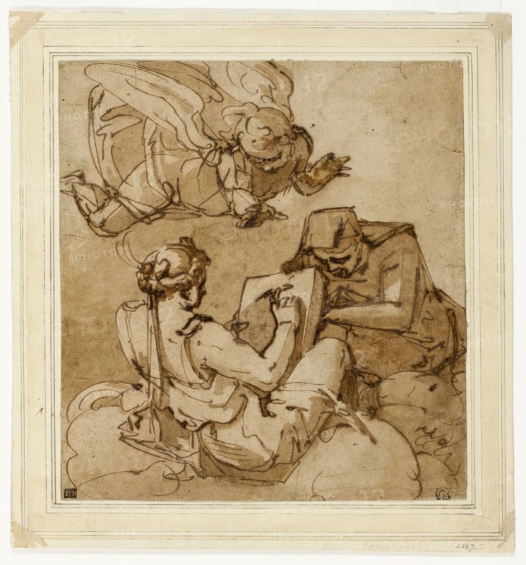 Allegorical Subject (Angel above Two Sibyls), 1560/65, Luca Cambiaso, Italian, 1527-1585, Italy, Pen and iron gall ink and brush and brown wash, on tan laid paper, laid down on cream laid paper, laid down on ivory laid card, 275 x 254 mm