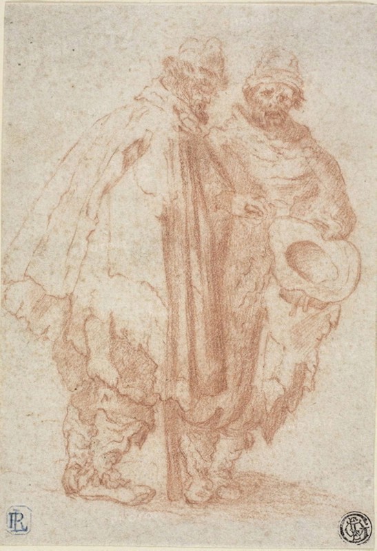 Two Bearded Men in Ragged Cloaks, n.d., Style of Jacques Callot, French, 1592-1635, France, Red chalk on ivory laid paper, 165 × 112 mm