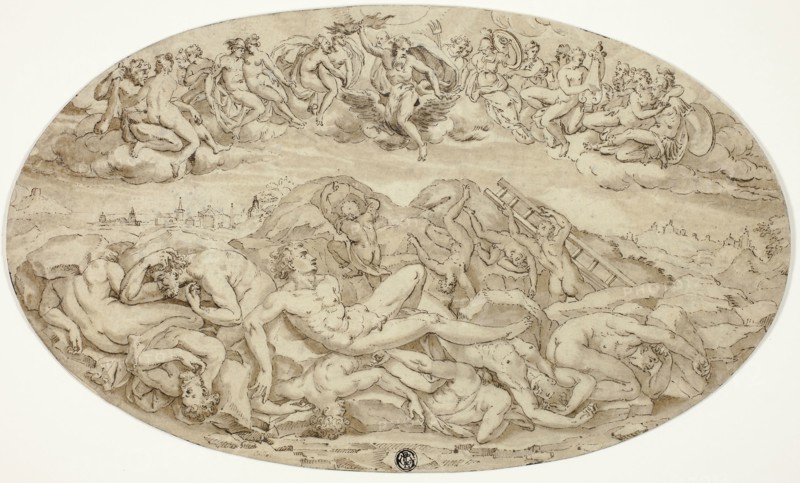 Fall of the Giants, 1550s, After Guglielmo della Porta, Italian, 1500/10-1577, Italy, Pen and brown ink, over traces of black chalk, on cream laid paper, 211 x 355 mm (max.)