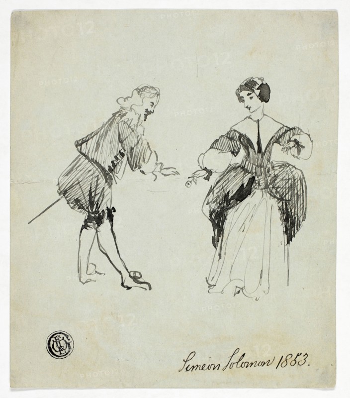 Cavalier and Lady, 1853, Simeon Solomon, English, 1840-1905, England, Pen and black ink on pale gray wove paper, 138 × 120 mm