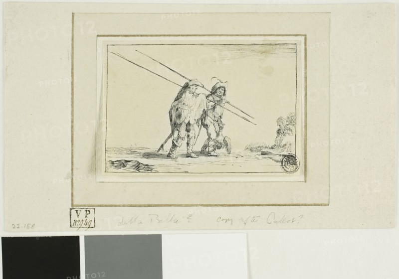 Two Soldiers with Staffs, n.d., After Jacques Callot, French, 1592-1635, France, Pen and black ink on cream laid paper, tipped onto ivory laid paper, 69 × 102 mm