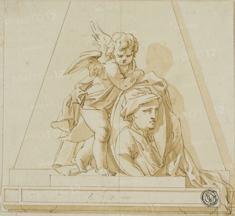 Preliminary Design for Monument to John Gay the Poet, c. 1736, John Michael Rysbrack (Flemish, 1693-1770), or Richard Wilson (English, 1714-1782), Flanders, Pen and brown ink, with brush and brown wash, over graphite, on cream laid paper, tipped onto ivory laid paper, 125 × 135 mm