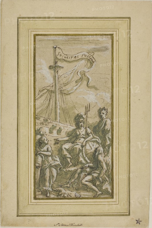 Securitas Publica, 1718/25, James Thornhill, English, 1675-1734, England, Pen and brown ink with brush and green wash, heightened with white gouache, over graphite, on tan wove paper, laid down on board, 250 × 117 mm
