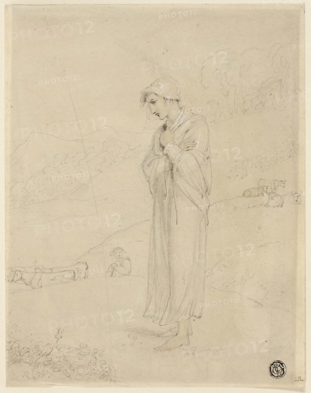 Shepherdess, 1810/20, Richard Westall, English, 1765-1836, England, Graphite heightened with watercolor and touches of white gouache on gray wove paper, 220 × 172 mm