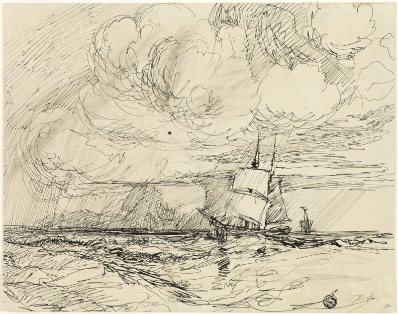 Ships at Sea During Storm, 1830/49, Jules Dupré (French, 1811-1889), or possibly James McNeill Whistler (American, 1834-1903), France, Pen and black ink, with graphite, on ivory wove paper, 219 × 277 mm