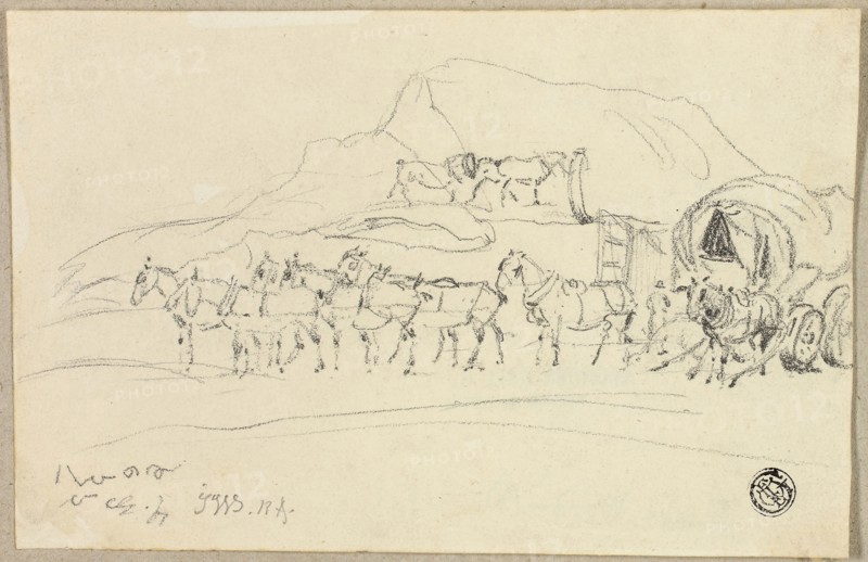 Wagon with Eight Horses Being Hitched, n.d., John Ward, English, 1798-1849, England, Graphite on cream wove paper, tipped onto gray wove paper, 116 × 181 mm
