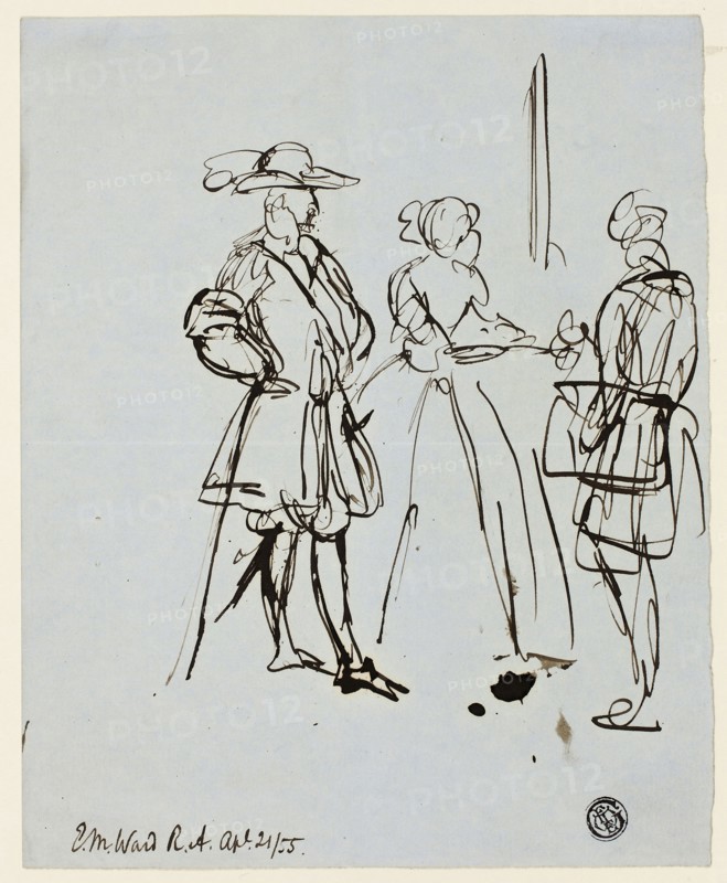Three Figures, April 21, 1855, Edward Matthew Ward, English, 1816-1879, England, Pen and brown ink on blue wove paper, 200 × 162 mm