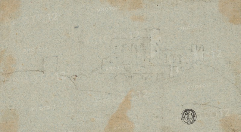 Sketch of Fortress on Hill, n.d., Attributed to Richard Wilson, English, 1714-1782, England, Black chalk, heightened with white chalk, on blue laid paper, perimeter mounted to gray wove card, 90 × 162 mm