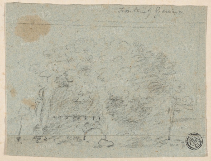 Sketch of Trees Near Bridge (recto), Sketch of Building (verso), n.d., Attributed to Richard Wilson, English, 1714-1782, England, Charcoal and graphite (recto), and charcoal (verso), on blue laid paper, tipped onto cream wove paper, 93 × 120 mm