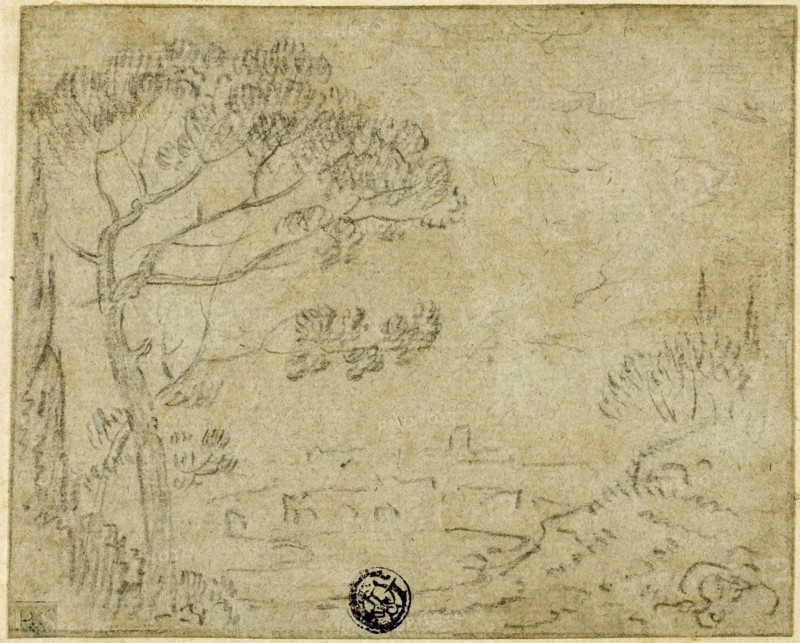 Italian Landscape with Umbrella Pine in Foreground, n.d., Richard Wilson, English, 1714-1782, England, Black chalk on blue laid paper, laid down on ivory laid paper, 99 × 123 mm