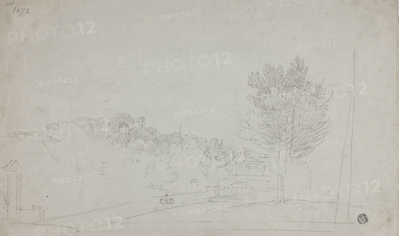 View of Wilson House and Gardens (recto), View of Wilson House and Gardens (verso), 1760/69 (recto), n.d. (verso), Richard Wilson, English, 1714-1782, England, Black chalk (recto and verso) on gray laid paper, 230 × 384 mm