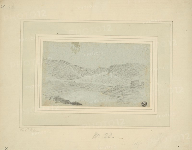Hilly Landscape, n.d., Attributed to Richard Wilson, English, 1714-1782, England, Charcoal on blue laid paper, laid down on cream laid paper, laid down on cream laid paper (2 layers), 115 × 192 mm