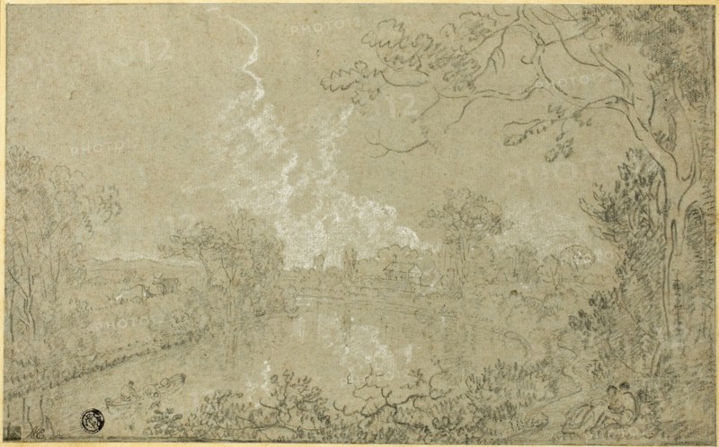 Banks of the River Dee near Eaton Hall, Cheshire, c. 1759, Richard Wilson, English, 1714-1782, England, Black and white chalk on blue laid paper, laid down on card, 187 × 304 mm