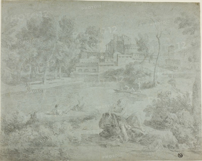 Italianate Landscape with Bathers, n.d., Possibly Richard Wilson (English, 1714-1782), or Gaspard Dughet (French, 1615-1675), or John William Taverner (English, 1703-1772), England, Black chalk on blue wove paper, laid down on ivory laid paper, 326 × 409 mm