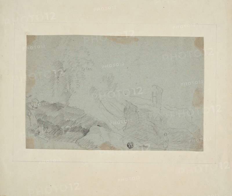 Rocky Landscape with Standing Figure, n.d., Attributed to Richard Wilson, English, 1714-1782, England, Charcoal on blue laid paper, tipped onto cream wove paper, 172 × 267 mm