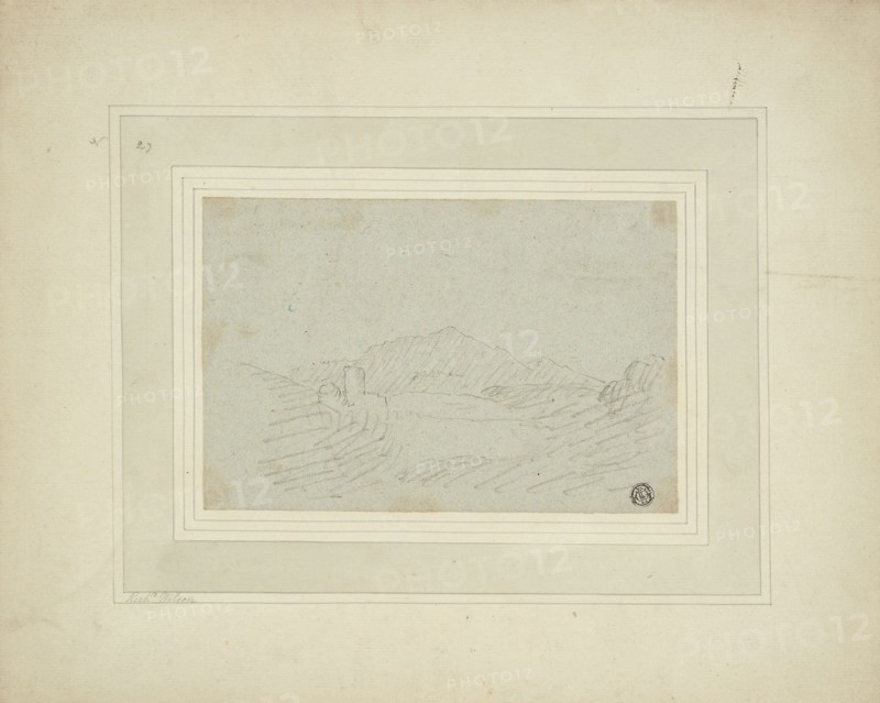 Ruins in a Mountainous Country, n.d., Attributed to Richard Wilson, English, 1714-1782, England, Charcoal on blue laid paper, laid down on ivory laid paper, laid down on ivory laid paper (2 layers), 134 × 202 mm