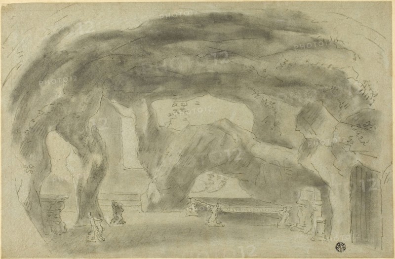 Interior of a Grotto, n.d., Possibly Richard Wilson, English, 1714-1782, England, Black chalk with stumping, heightened with touches of white chalk, on blue laid paper, laid down on card, 261 × 399 mm