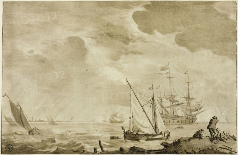 Seascape, n.d., Jacob Cornelis Ploos van Amstel (Dutch, 1726-1798), or after Ludolf van Bakhuyzen (Dutch, 18th century), Netherlands, Pen and wash on paper, 177 x 271 mm