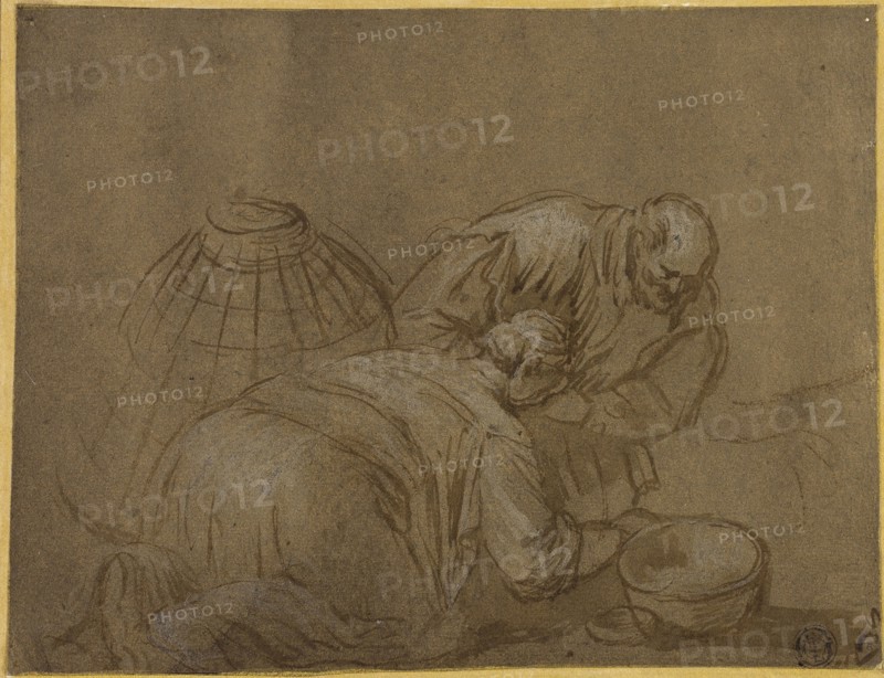 Peasant Couple Looking in a Basket, n.d., After Jacopo Bassano, Italian, c. 1510-1592, Italy, Pen and brown ink, heightened with lead white (partially oxidized), on laid paper prepared with brown wash, laid down on ivory laid paper, 156 x 204 mm