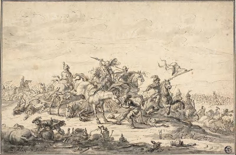 Battle Scene with Horsemen, 1658, Zacharias Blyhooft, Dutch, active 1658/59-1680/82, Holland, Pen and brown ink with brush and gray wash, on ivory laid paper, laid down on card, 195 x 297 mm