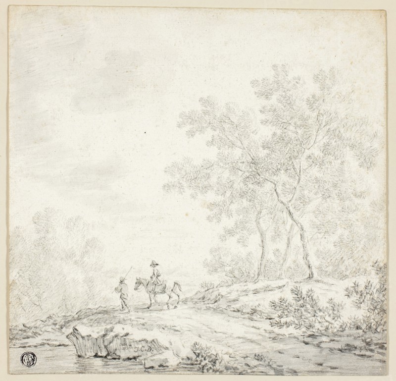 Landscape with Two Figures, One on Horseback, n.d., Attributed to Johann Christophe Dietzsch (German, 1710-1769), or Jacob Cats (Dutch, 1741-1799), Germany, Black chalk with brush and gray wash on off-white laid paper, laid down on ivory card, 238 x 245 mm
