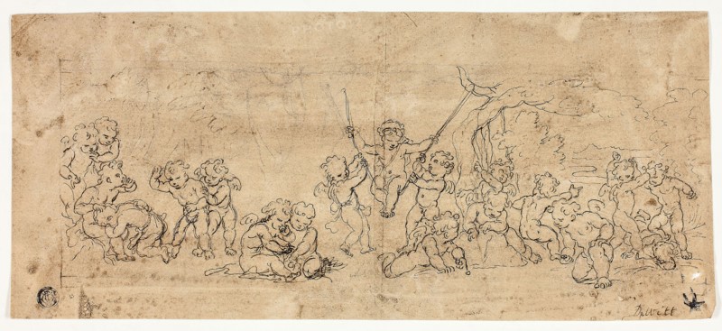 Playing Putti, n.d., Possibly Jacob de Wit (Dutch, 1695-1754), or an unknown artist (Dutch, 18th century), Netherlands, Pen and brown inkm over traces of black chalk, on tan laid paper, 143 x 330 mm