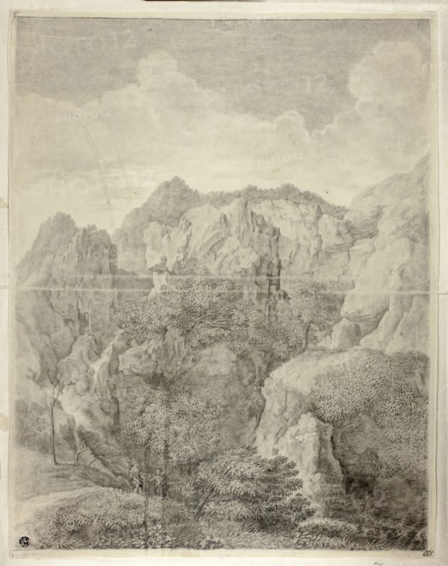 Mountain Landscape with Two Figures in Foreground, n.d., After Gaspard Dughet, French, 1615-1675, France, Black crayon with black chalk on ivory laid paper, tipped onto ivory laid paper, 532 × 416 mm